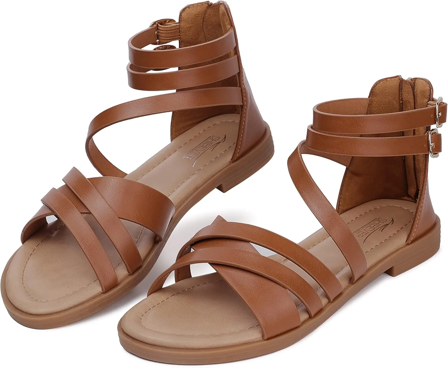 SHIBEVER Gladiator Strappy Sandals for Women: Dressy Summer Comfortable Flat, Back Zipper Roman Comfy Womens Sandals