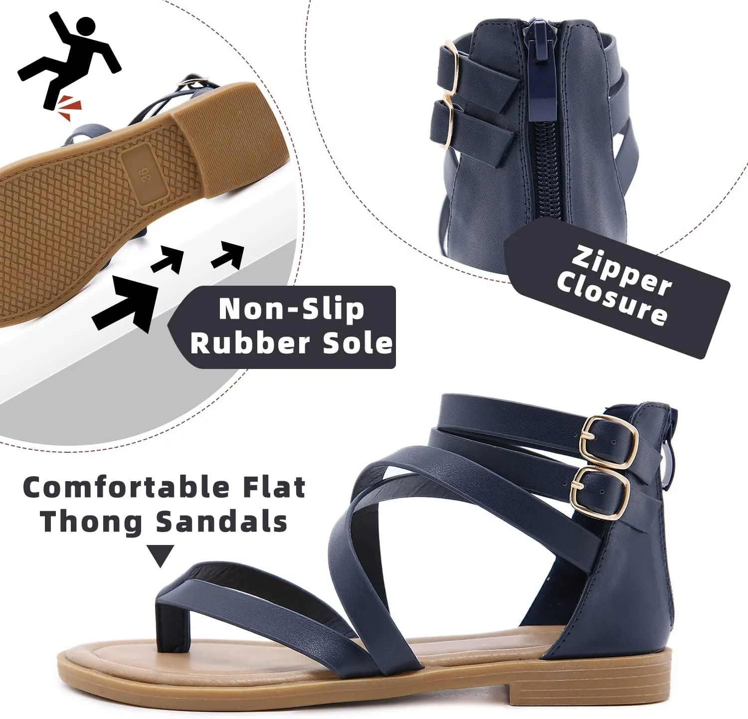SHIBEVER Gladiator Strappy Sandals for Women: Dressy Summer Comfortable Flat, Back Zipper Roman Comfy Womens Sandals