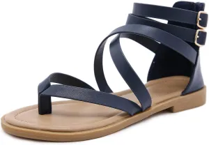SHIBEVER Gladiator Strappy Sandals for Women: Dressy Summer Comfortable Flat, Back Zipper Roman Comfy Womens Sandals