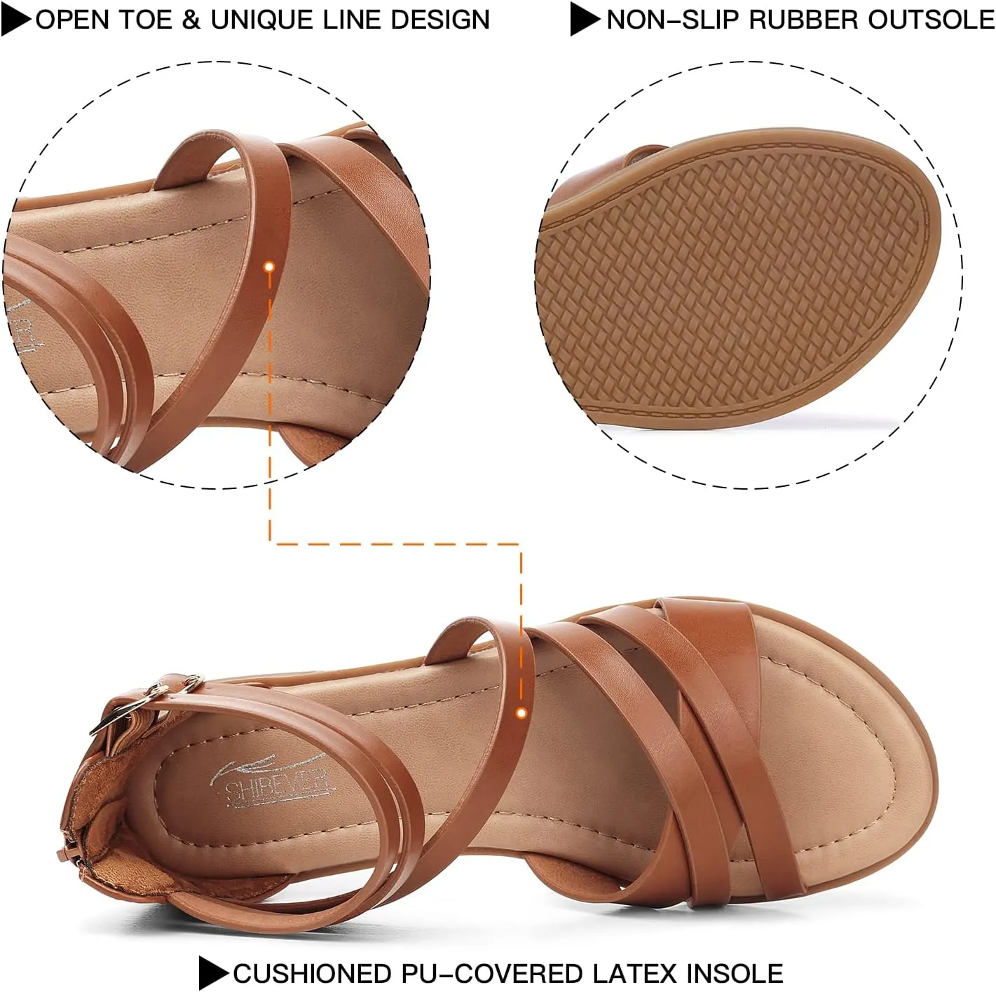 SHIBEVER Gladiator Strappy Sandals for Women: Dressy Summer Comfortable Flat, Back Zipper Roman Comfy Womens Sandals