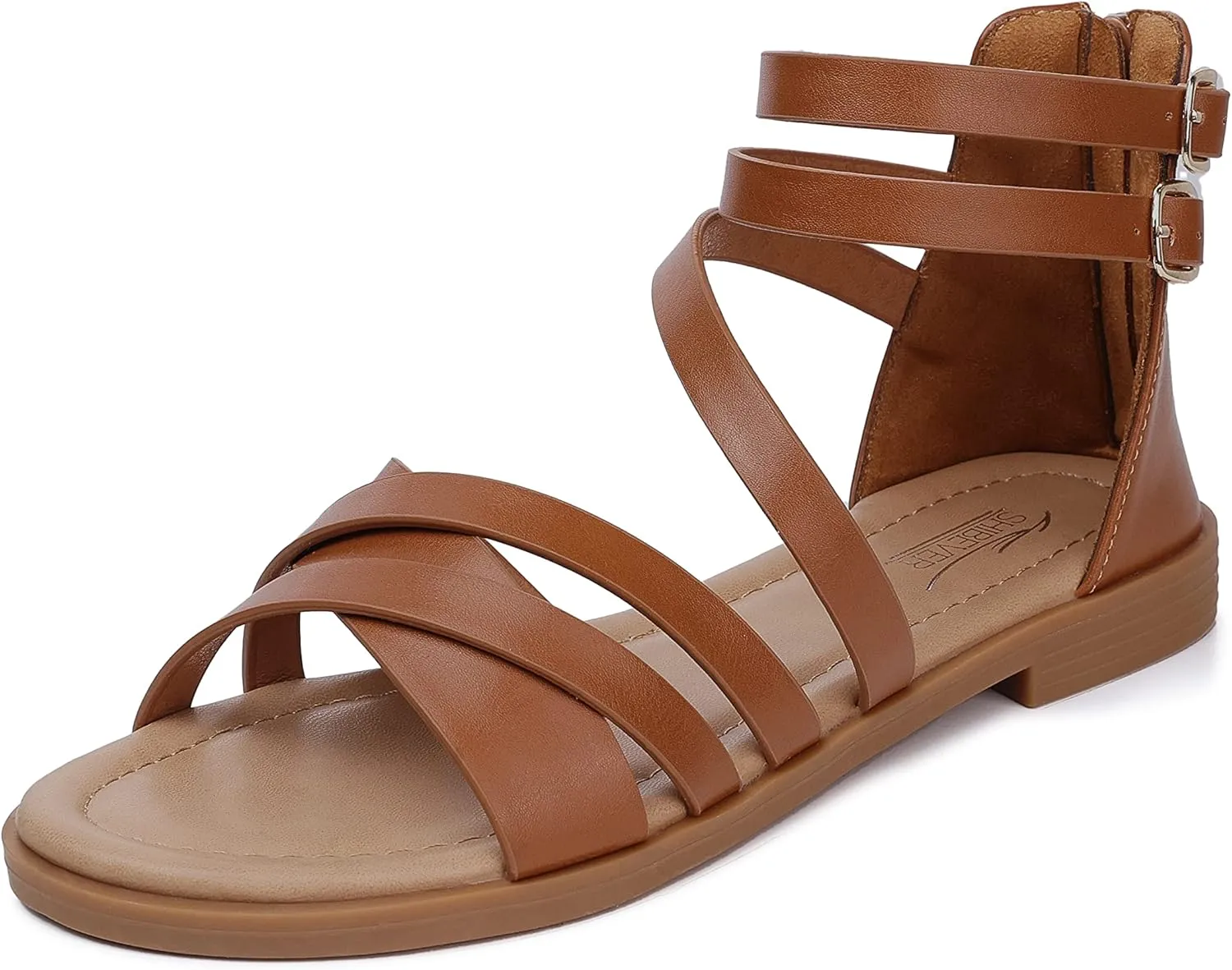 SHIBEVER Gladiator Strappy Sandals for Women: Dressy Summer Comfortable Flat, Back Zipper Roman Comfy Womens Sandals