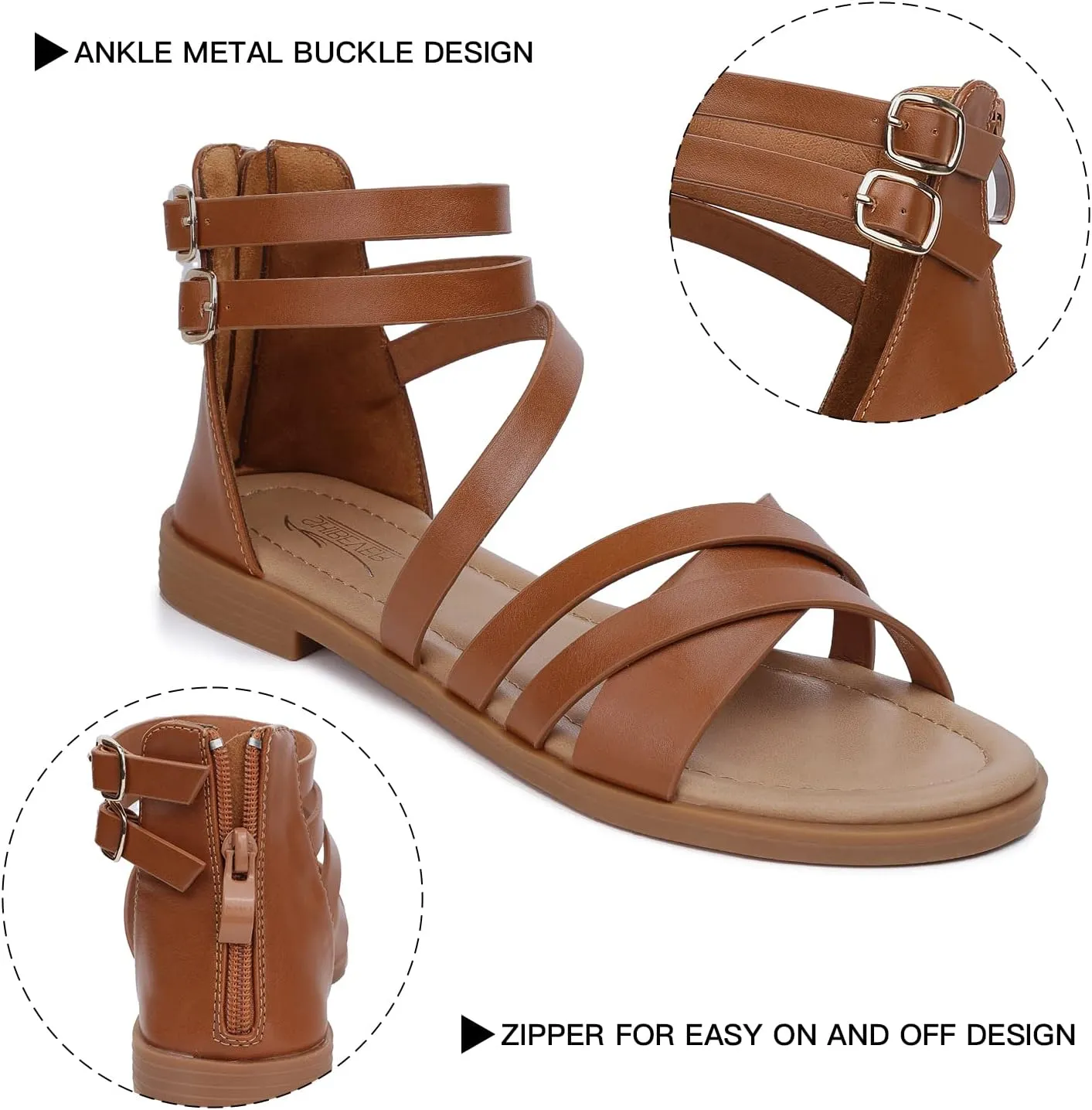 SHIBEVER Gladiator Strappy Sandals for Women: Dressy Summer Comfortable Flat, Back Zipper Roman Comfy Womens Sandals