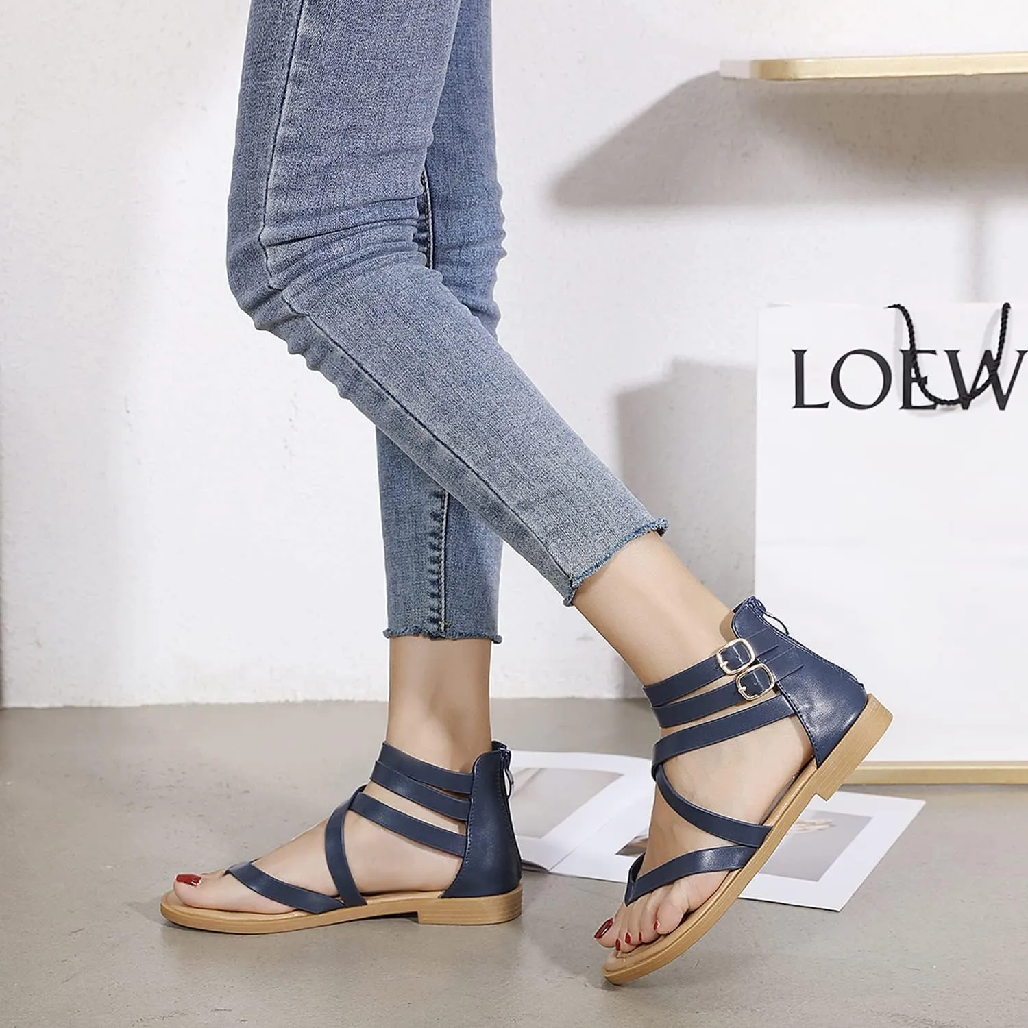 SHIBEVER Gladiator Strappy Sandals for Women: Dressy Summer Comfortable Flat, Back Zipper Roman Comfy Womens Sandals