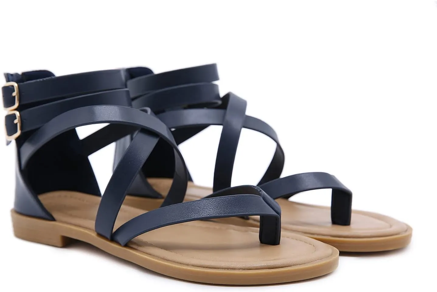 SHIBEVER Gladiator Strappy Sandals for Women: Dressy Summer Comfortable Flat, Back Zipper Roman Comfy Womens Sandals