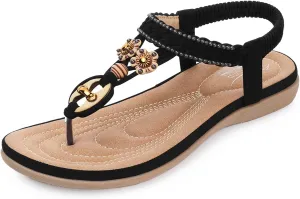 SHIBEVER Womens Sandals Summer Bohemian Flat Sandals Shoes with Elastic Strap Dressy Sandal