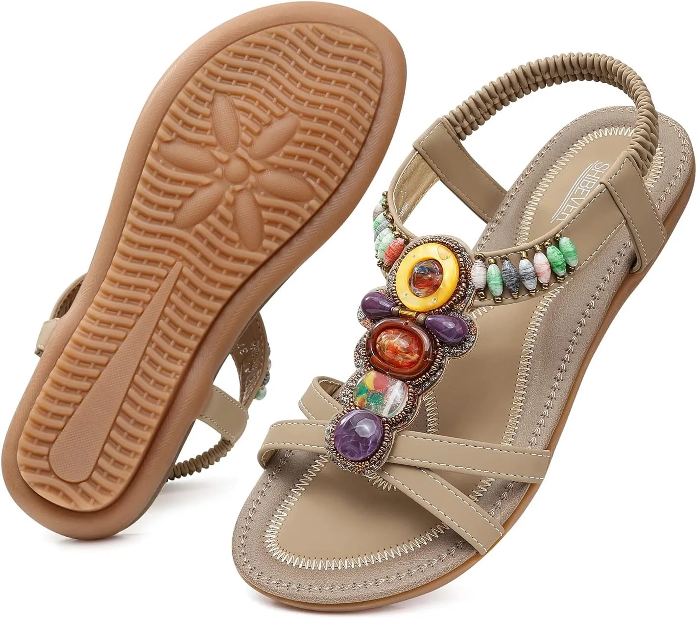 SHIBEVER Womens Sandals Summer Flat: Dressy Casual T-Strap Flip Flop Thong Flats Sandals - Comfortable Walking