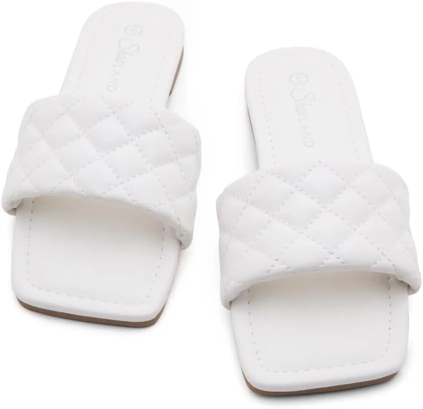 Shoe Land Anisha Women's Flat Sandals, Fashion Slides with Square Open Toe, Quilted Single Band Dressy Sandals, Slip-On Slippers for Summer, Daily Wear, Prom, and Party