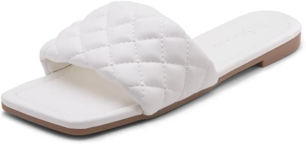 Shoe Land Anisha Women's Flat Sandals, Fashion Slides with Square Open Toe, Quilted Single Band Dressy Sandals, Slip-On Slippers for Summer, Daily Wear, Prom, and Party
