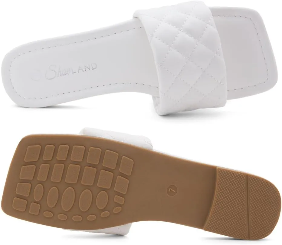 Shoe Land Anisha Women's Flat Sandals, Fashion Slides with Square Open Toe, Quilted Single Band Dressy Sandals, Slip-On Slippers for Summer, Daily Wear, Prom, and Party