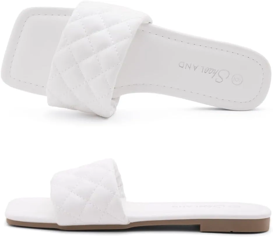 Shoe Land Anisha Women's Flat Sandals, Fashion Slides with Square Open Toe, Quilted Single Band Dressy Sandals, Slip-On Slippers for Summer, Daily Wear, Prom, and Party