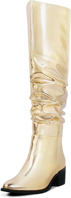 Shoe'N Tale Women's Over The Knee Thigh High Boots Chunky Block Heel Pointed Toe Slouchy Side Zipper Fall Weather Winter Boots