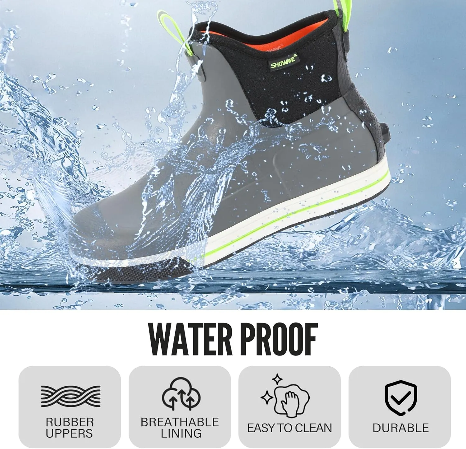 Showave Men's Deck Boots Ankle Waterproof Fishing Boot Non-Silp Work Rain Booties Durable Rubber Footwear Garden Boat Shoes With Ultra Lugs Outsole