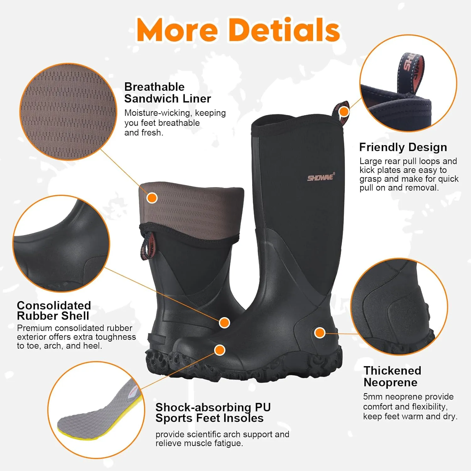 Showave Rain Boots for Women Waterproof Insulated Rubber Neoprene Boot Durable Mud Boots for Farming Raining Gardening Chore Work