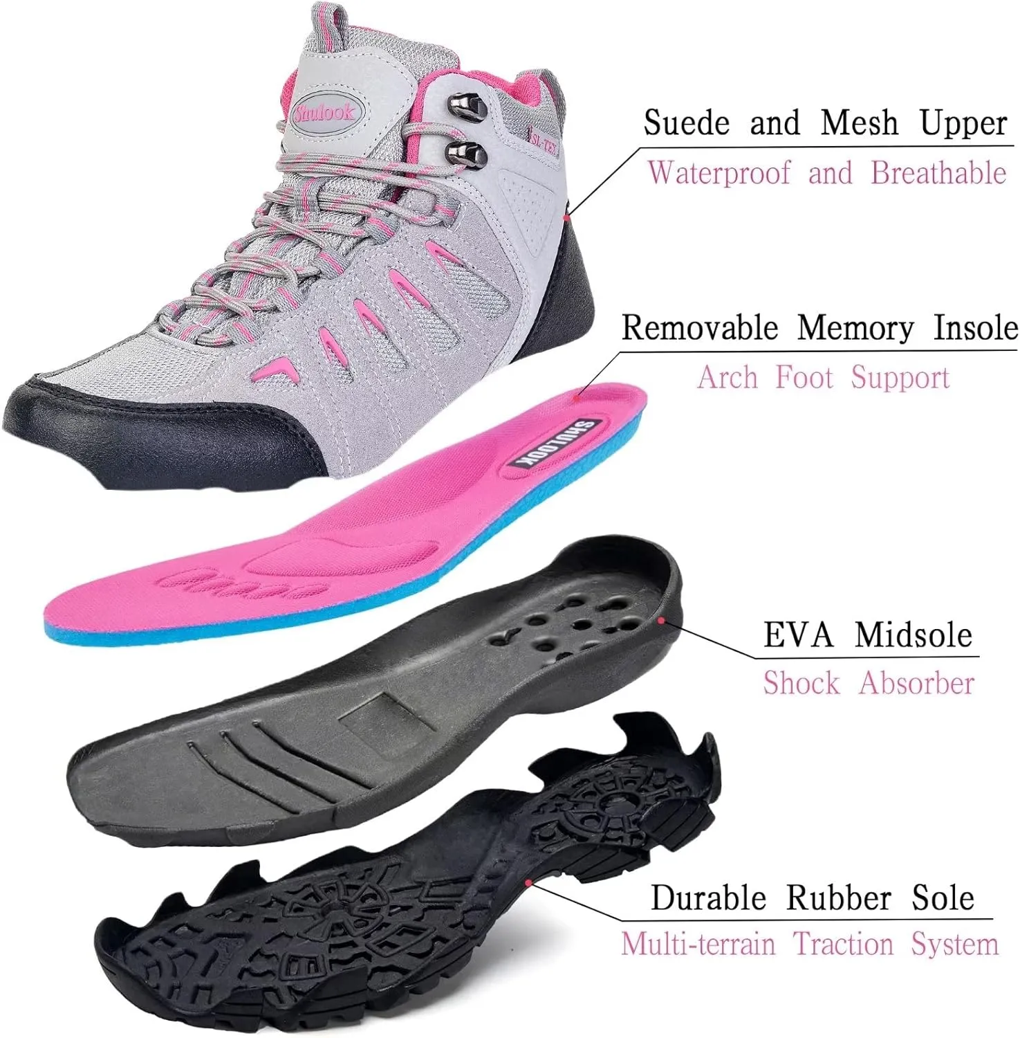 SHULOOK Women's Hiking Boots Waterproof Lightweight Outdoor Trekking Camping Hiking Shoes