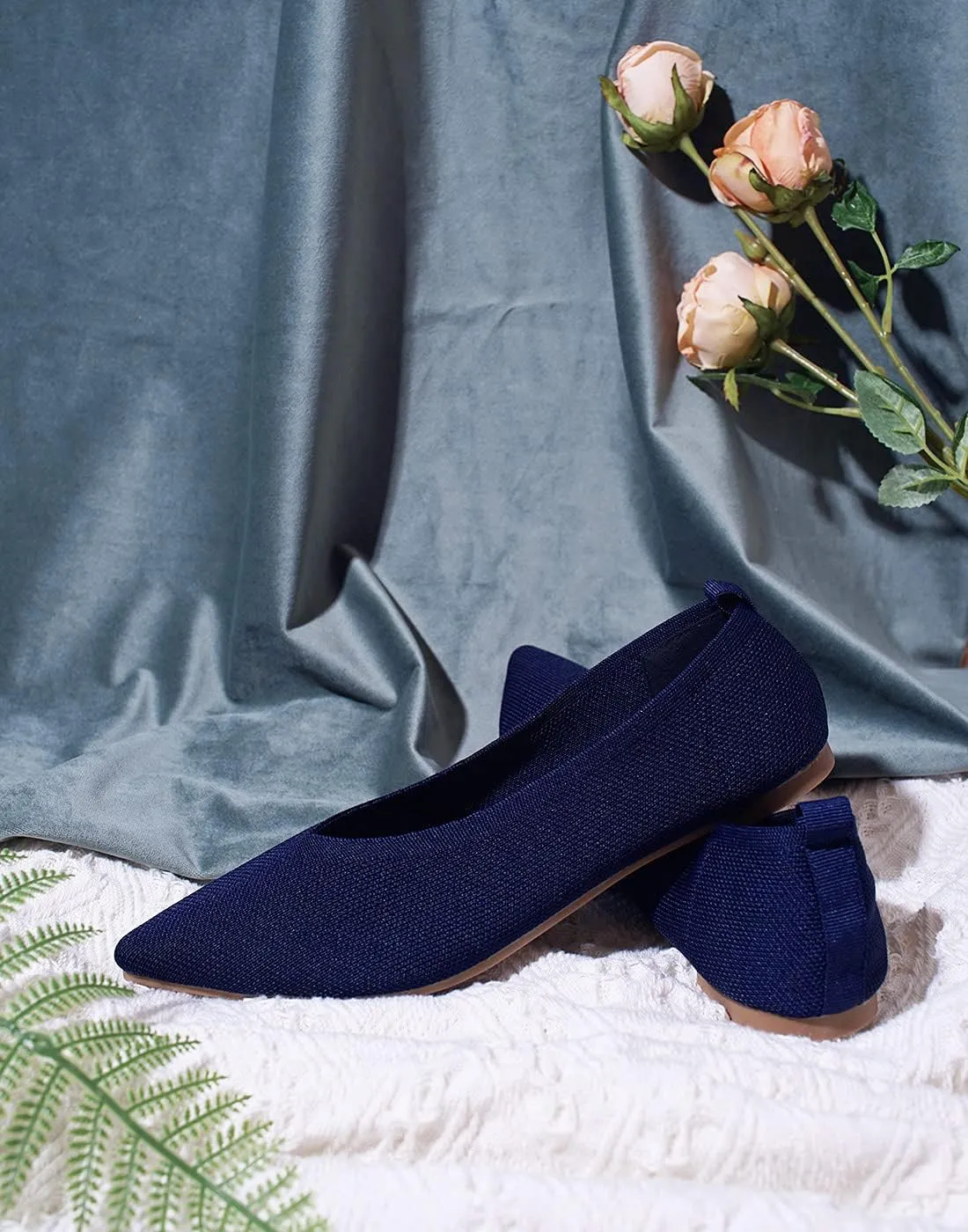 Slocyclub Flat Shoes for Women Classic Pointed Toe Slip On Ballet Shoes Knitted Texture Black Comfortable Dress Shoes