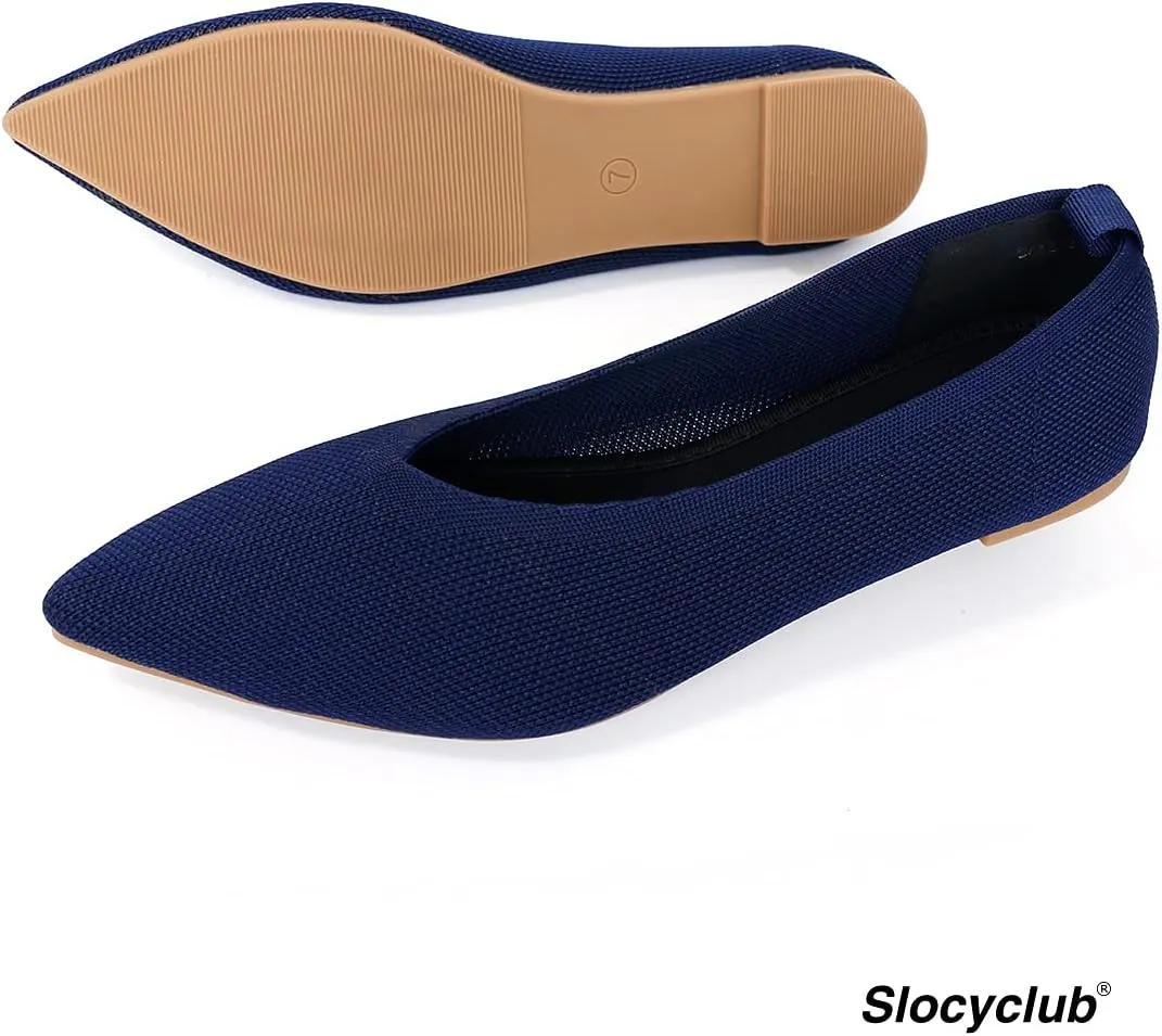 Slocyclub Flat Shoes for Women Classic Pointed Toe Slip On Ballet Shoes Knitted Texture Black Comfortable Dress Shoes