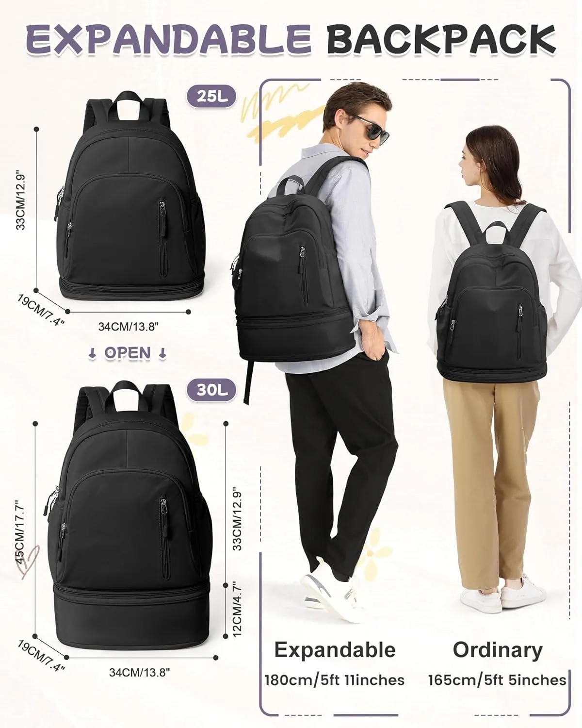 Small Black Gym Backpack for Women Men, Waterproof Gym Track Bag with Expandable Shoe Compartment, Lightweight Mini Casual Daypack Sports Back Pack for Travel Hiking Dance Yoga Fitness Track