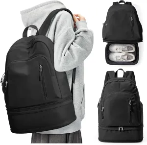 Small Black Gym Backpack for Women Men, Waterproof Gym Track Bag with Expandable Shoe Compartment, Lightweight Mini Casual Daypack Sports Back Pack for Travel Hiking Dance Yoga Fitness Track