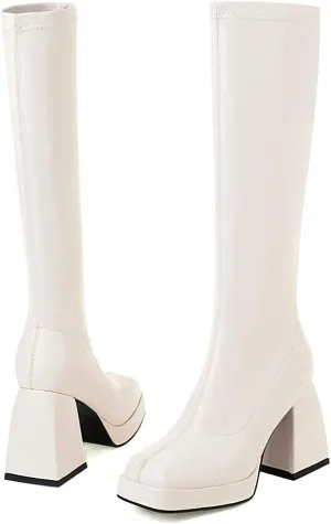 SO SIMPOK Knee High Boots Women,Platform Gogo Boots,Chunky Block Heel Stretchy Square Toe Tall Boots.
