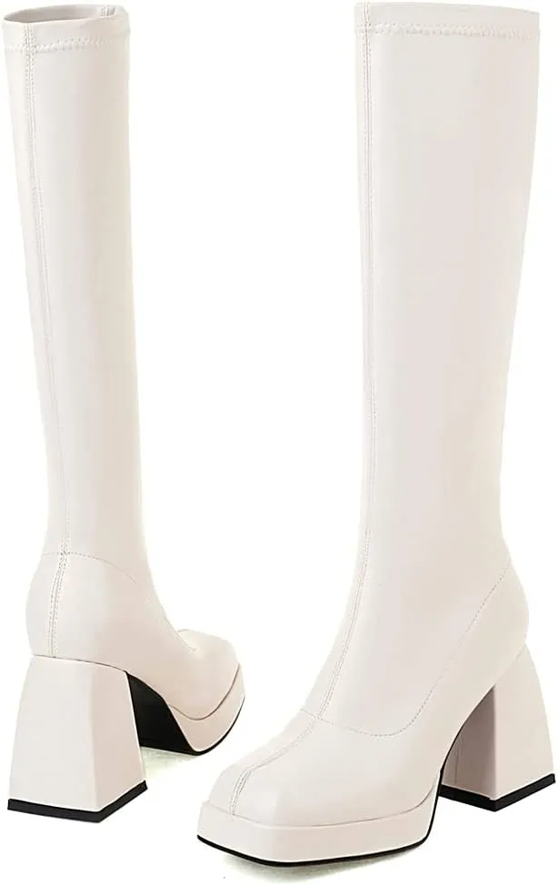 SO SIMPOK Knee High Boots Women,Platform Gogo Boots,Chunky Block Heel Stretchy Square Toe Tall Boots.