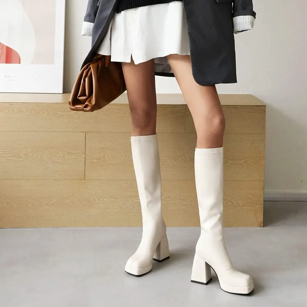 SO SIMPOK Knee High Boots Women,Platform Gogo Boots,Chunky Block Heel Stretchy Square Toe Tall Boots.