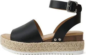 Soda Topic Open Toe Buckle Ankle Strap Espadrilles Flatform Wedge Casual Sandal