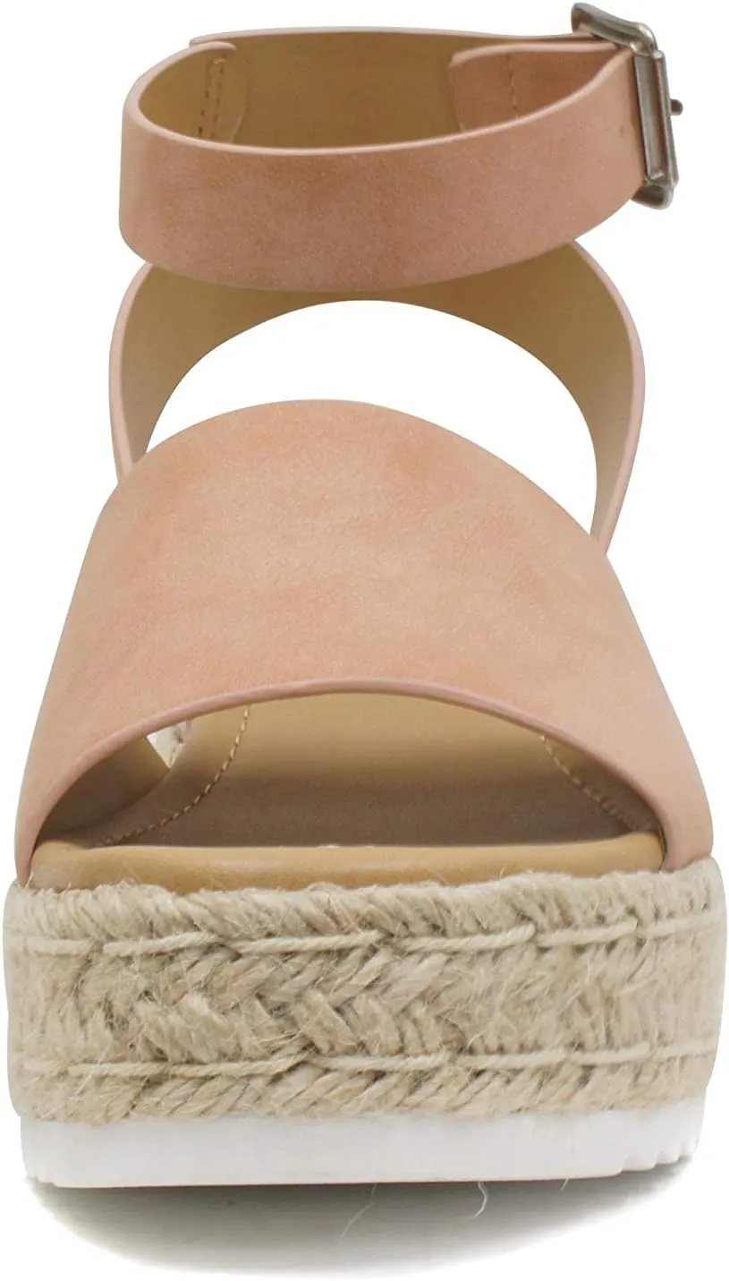 Soda Topic Open Toe Buckle Ankle Strap Espadrilles Flatform Wedge Casual Sandal
