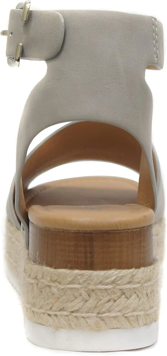 Soda Topic Open Toe Buckle Ankle Strap Espadrilles Flatform Wedge Casual Sandal