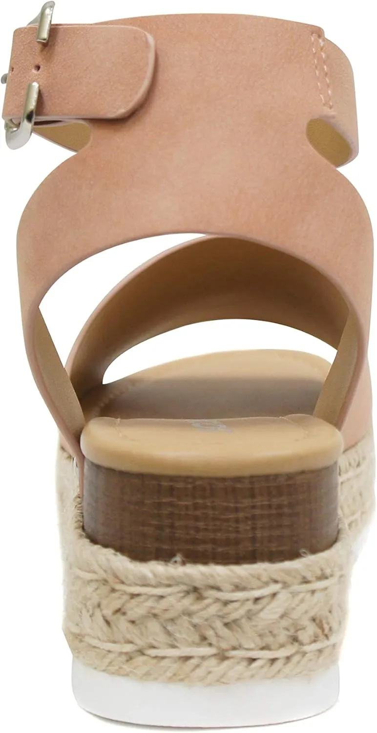 Soda Topic Open Toe Buckle Ankle Strap Espadrilles Flatform Wedge Casual Sandal