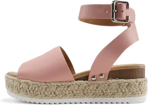 Soda Topic Open Toe Buckle Ankle Strap Espadrilles Flatform Wedge Casual Sandal