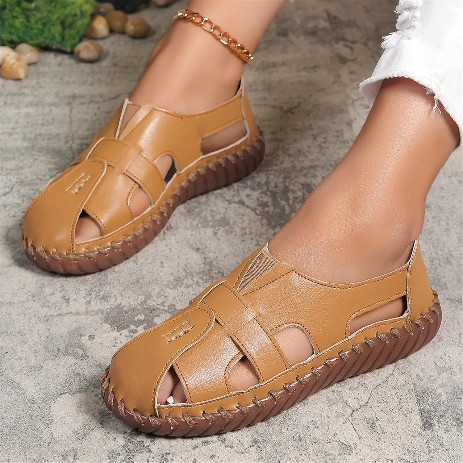 Soft Comfortable Sandals for Women Summer Casual Closed Toe Hollow Out Slip On Loafers Flat Fisherman Sandal Comfy Cute Breathable Orthopedic Beach Cowhide Loafers Comfort Driving Shoes