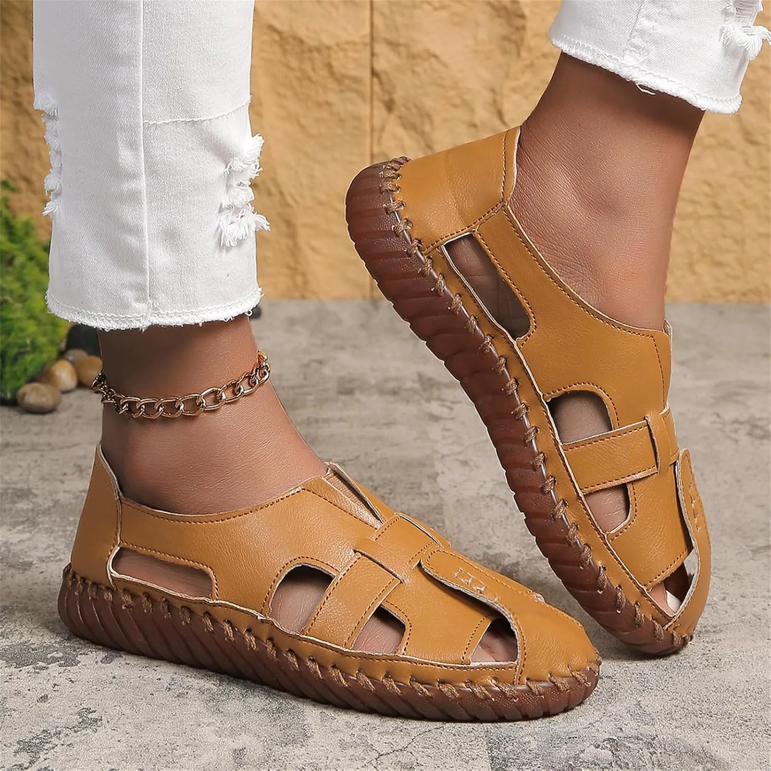 Soft Comfortable Sandals for Women Summer Casual Closed Toe Hollow Out Slip On Loafers Flat Fisherman Sandal Comfy Cute Breathable Orthopedic Beach Cowhide Loafers Comfort Driving Shoes