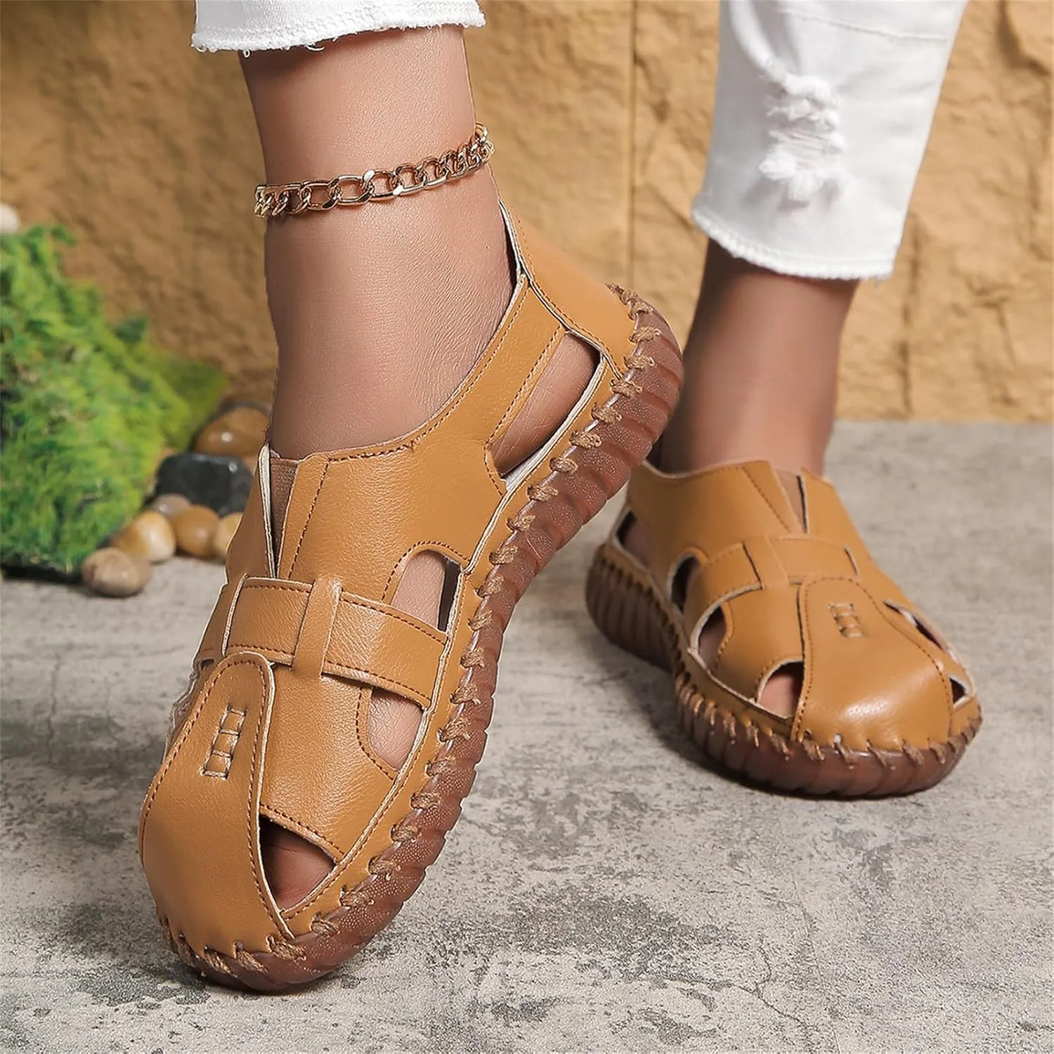 Soft Comfortable Sandals for Women Summer Casual Closed Toe Hollow Out Slip On Loafers Flat Fisherman Sandal Comfy Cute Breathable Orthopedic Beach Cowhide Loafers Comfort Driving Shoes