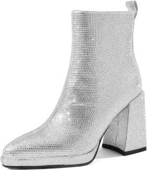 Sparkling Rhinestone Chunky High Heeled Ankle Boots with Side Metal Zipper for Women,Women's Crystal Sequin Closed Pointed Toe Booties Comfortable Pull-on Short Boots Fashion Sexy Party Prom Wedding Dressy Boots