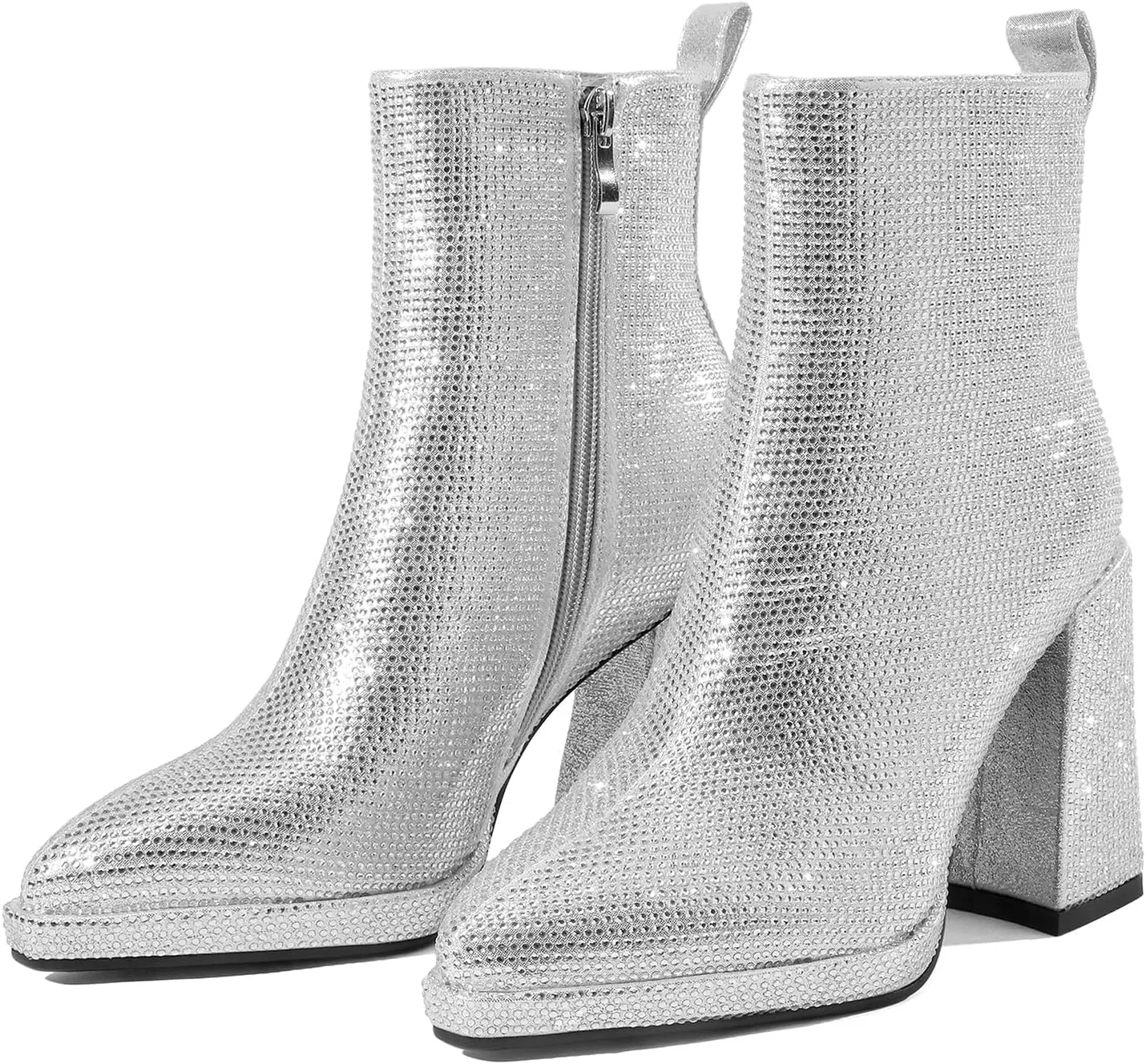 Sparkling Rhinestone Chunky High Heeled Ankle Boots with Side Metal Zipper for Women,Women's Crystal Sequin Closed Pointed Toe Booties Comfortable Pull-on Short Boots Fashion Sexy Party Prom Wedding Dressy Boots