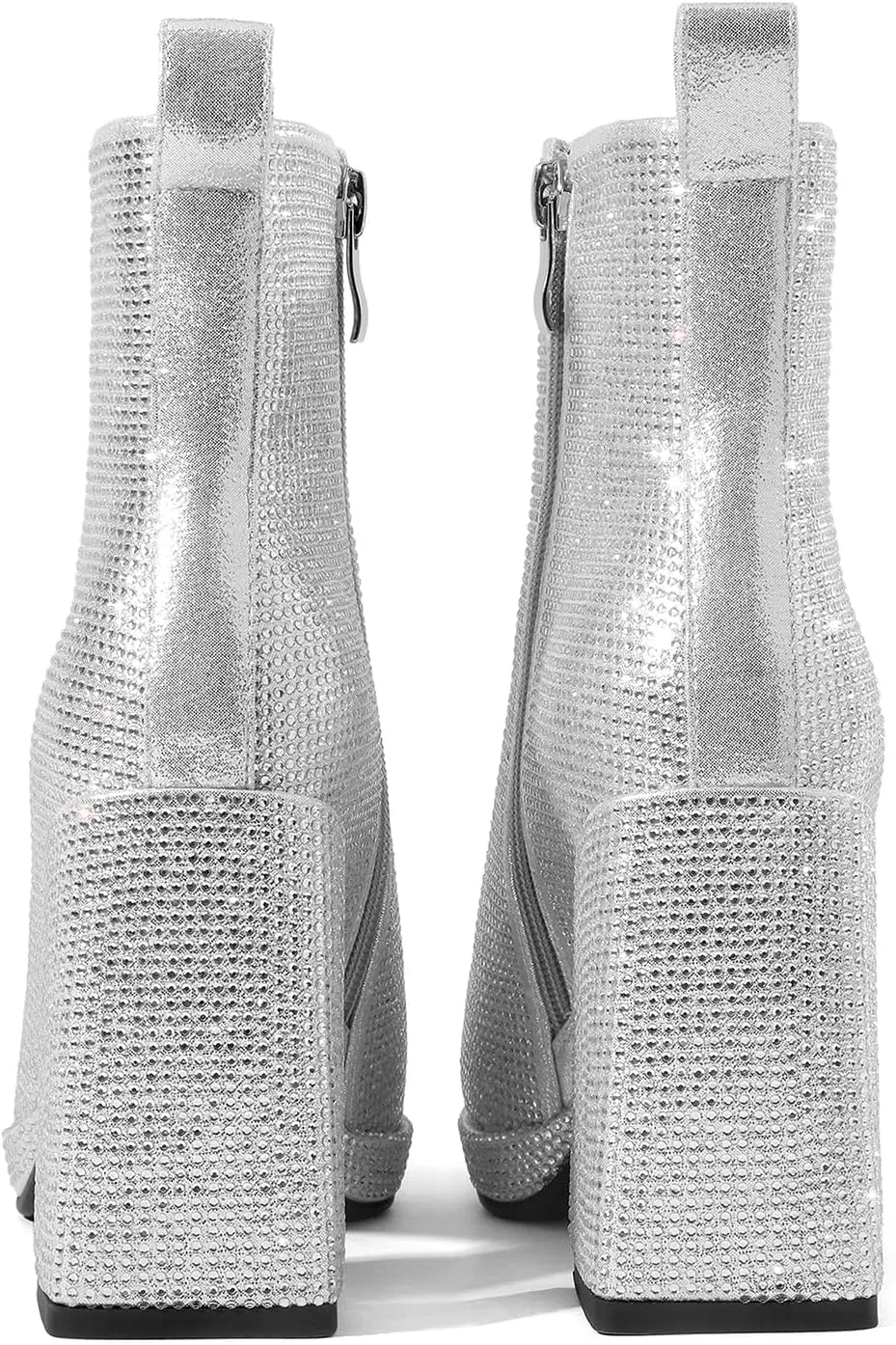 Sparkling Rhinestone Chunky High Heeled Ankle Boots with Side Metal Zipper for Women,Women's Crystal Sequin Closed Pointed Toe Booties Comfortable Pull-on Short Boots Fashion Sexy Party Prom Wedding Dressy Boots