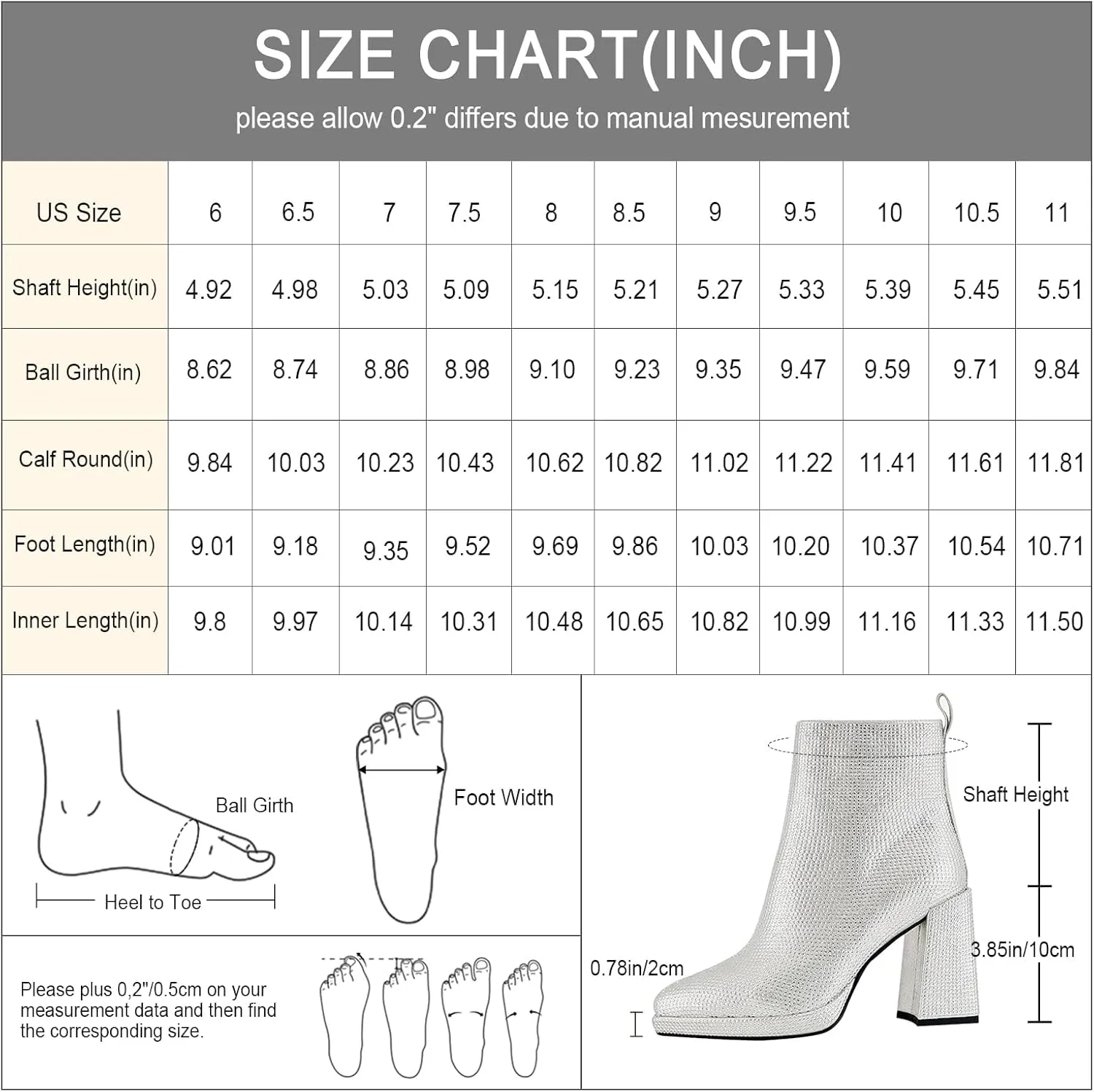 Sparkling Rhinestone Chunky High Heeled Ankle Boots with Side Metal Zipper for Women,Women's Crystal Sequin Closed Pointed Toe Booties Comfortable Pull-on Short Boots Fashion Sexy Party Prom Wedding Dressy Boots
