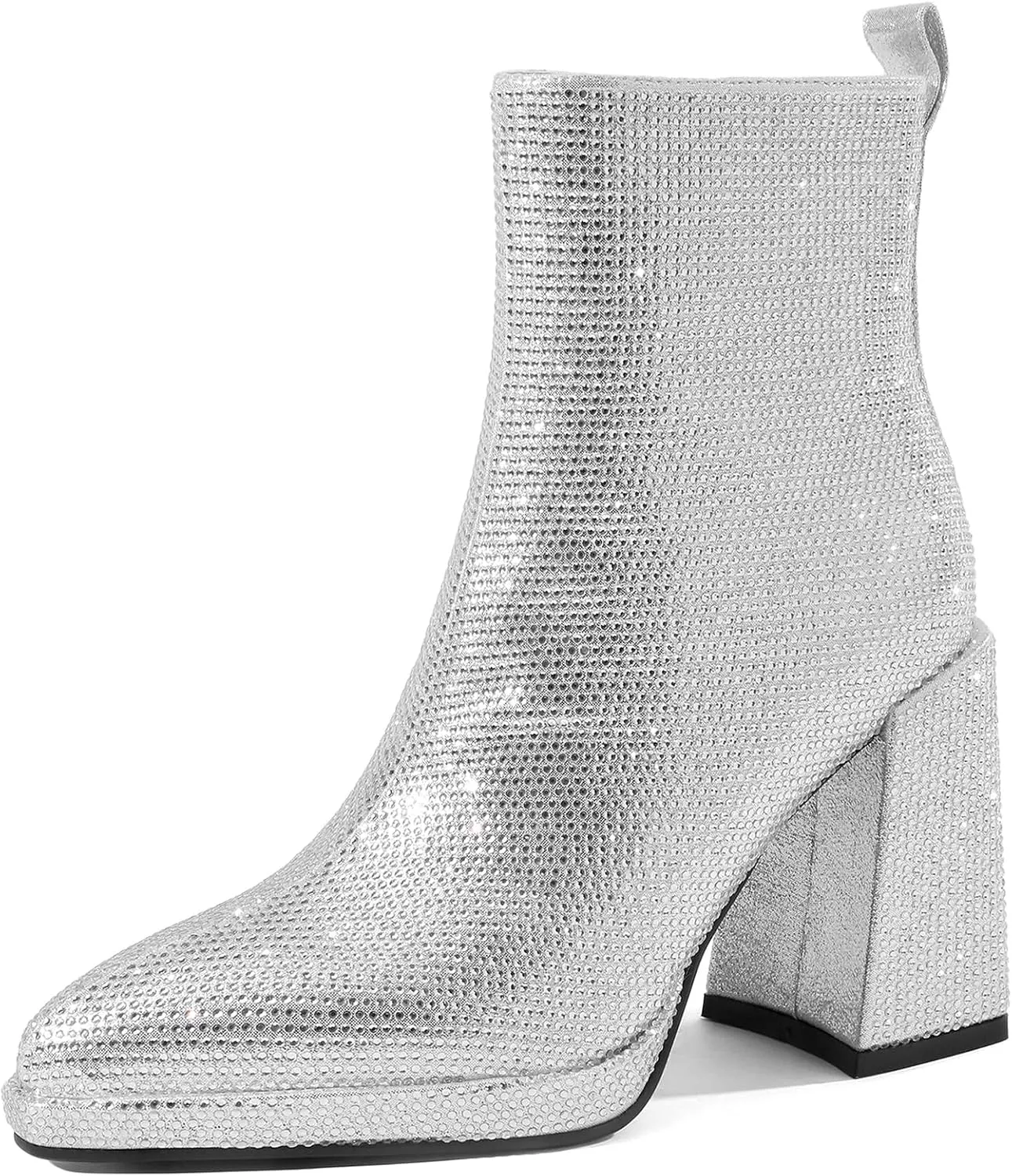 Sparkling Rhinestone Chunky High Heeled Ankle Boots with Side Metal Zipper for Women,Women's Crystal Sequin Closed Pointed Toe Booties Comfortable Pull-on Short Boots Fashion Sexy Party Prom Wedding Dressy Boots