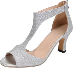 Sparkly High Heels Womens Open Toe Pump Sandals Casual Dress Shoes T Strap Work Shoes Summer Block Heel Sandals