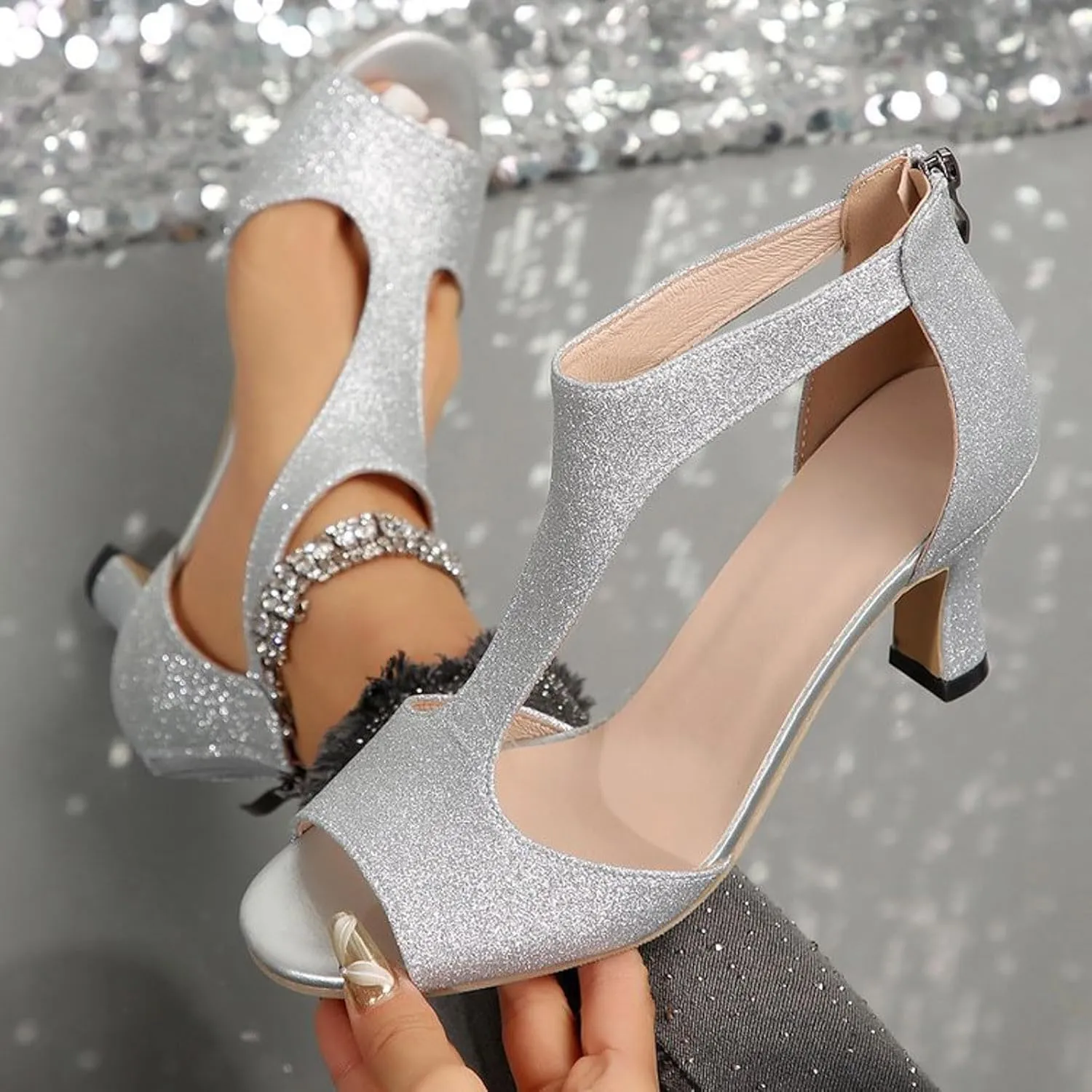 Sparkly High Heels Womens Open Toe Pump Sandals Casual Dress Shoes T Strap Work Shoes Summer Block Heel Sandals