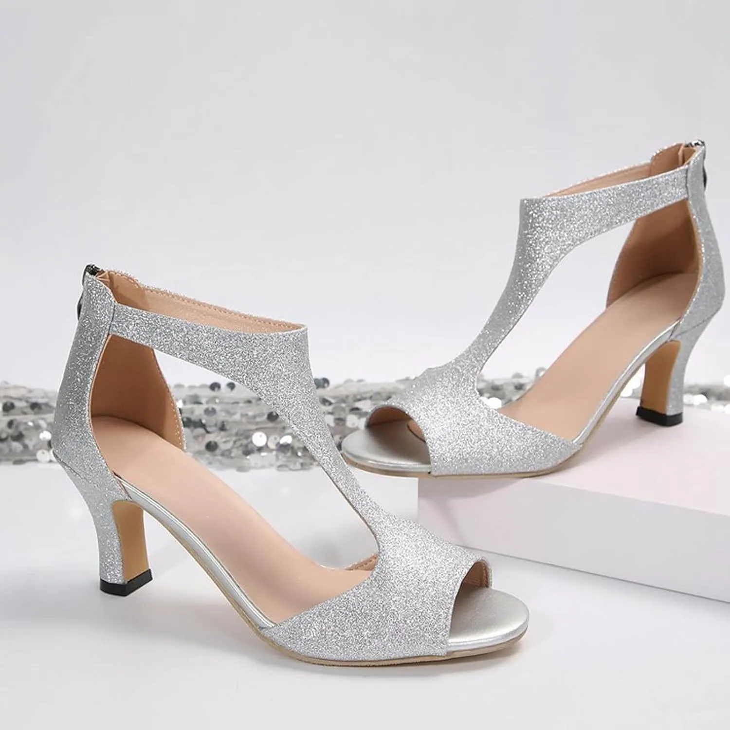 Sparkly High Heels Womens Open Toe Pump Sandals Casual Dress Shoes T Strap Work Shoes Summer Block Heel Sandals