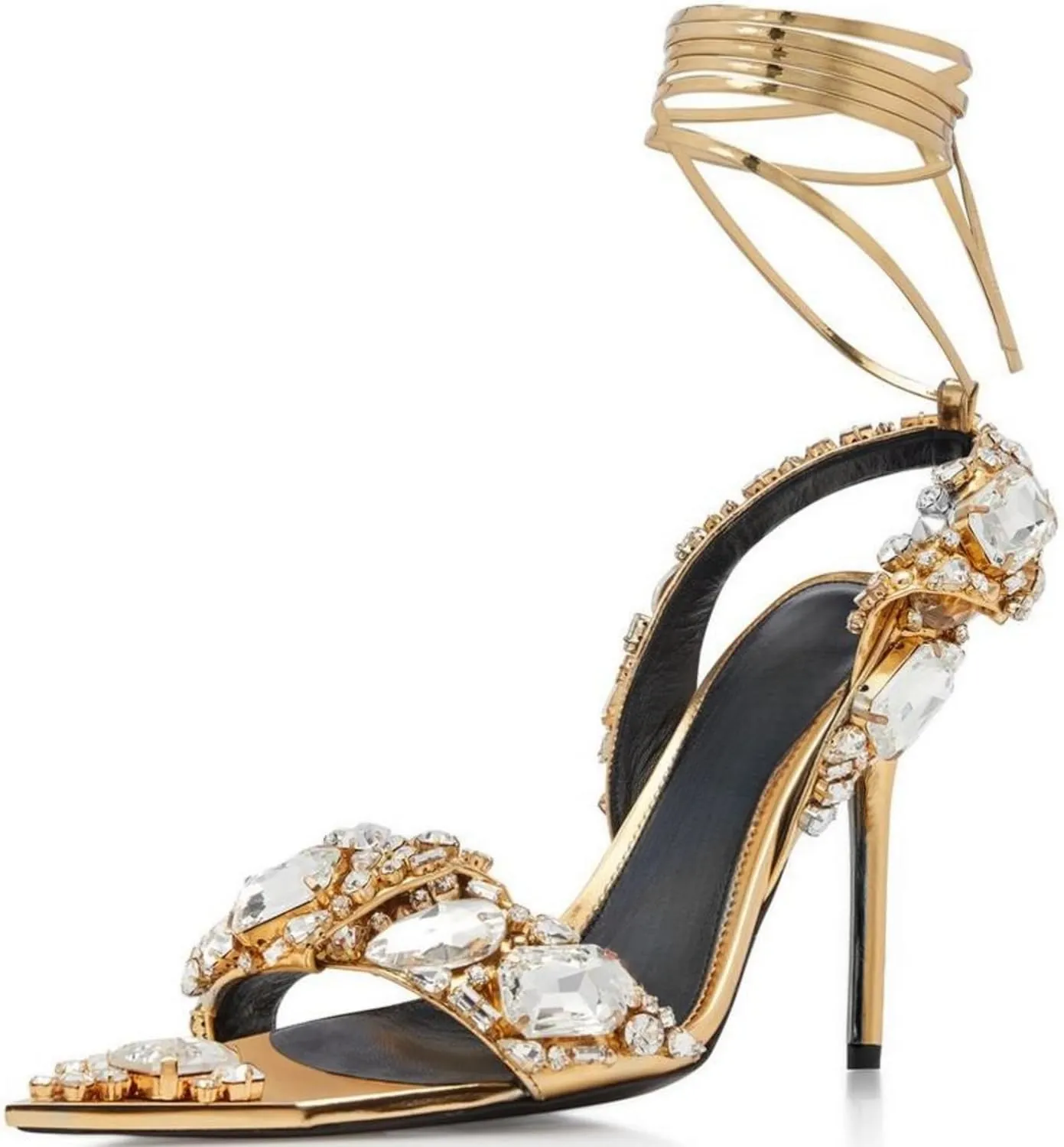 Sparkly Rhinestone Stiletto Heels Sandals for Women, Lace Up Backless Pointed Open Toe Wrap Around Strappy Heeled Sexy Summer Wedding Party Prom Dress Shoes