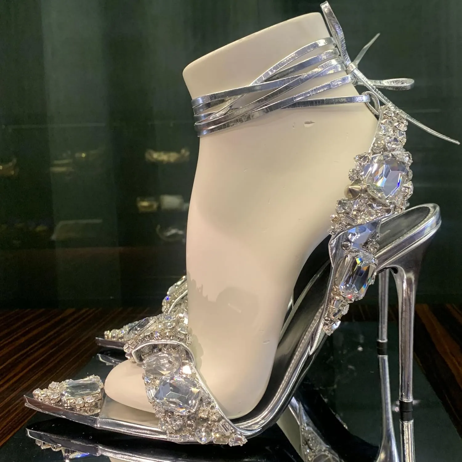 Sparkly Rhinestone Stiletto Heels Sandals for Women, Lace Up Backless Pointed Open Toe Wrap Around Strappy Heeled Sexy Summer Wedding Party Prom Dress Shoes