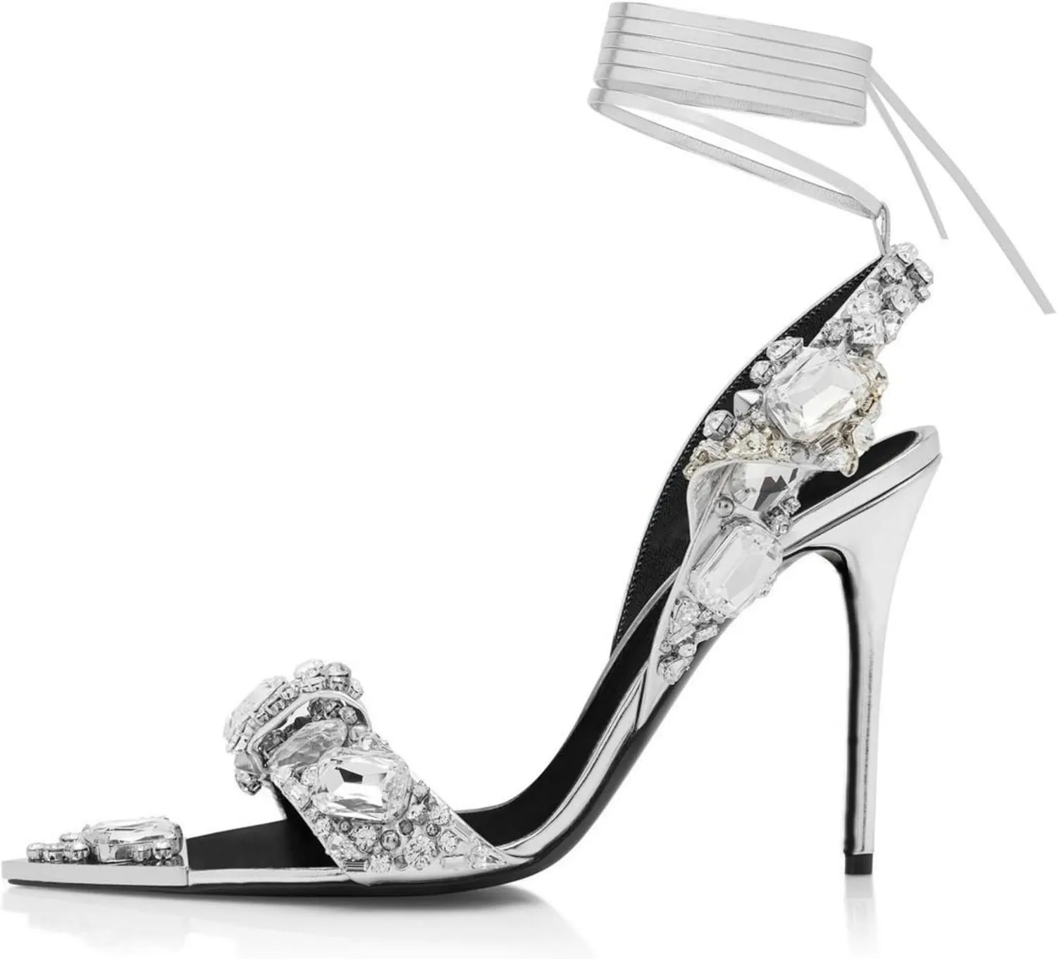 Sparkly Rhinestone Stiletto Heels Sandals for Women, Lace Up Backless Pointed Open Toe Wrap Around Strappy Heeled Sexy Summer Wedding Party Prom Dress Shoes