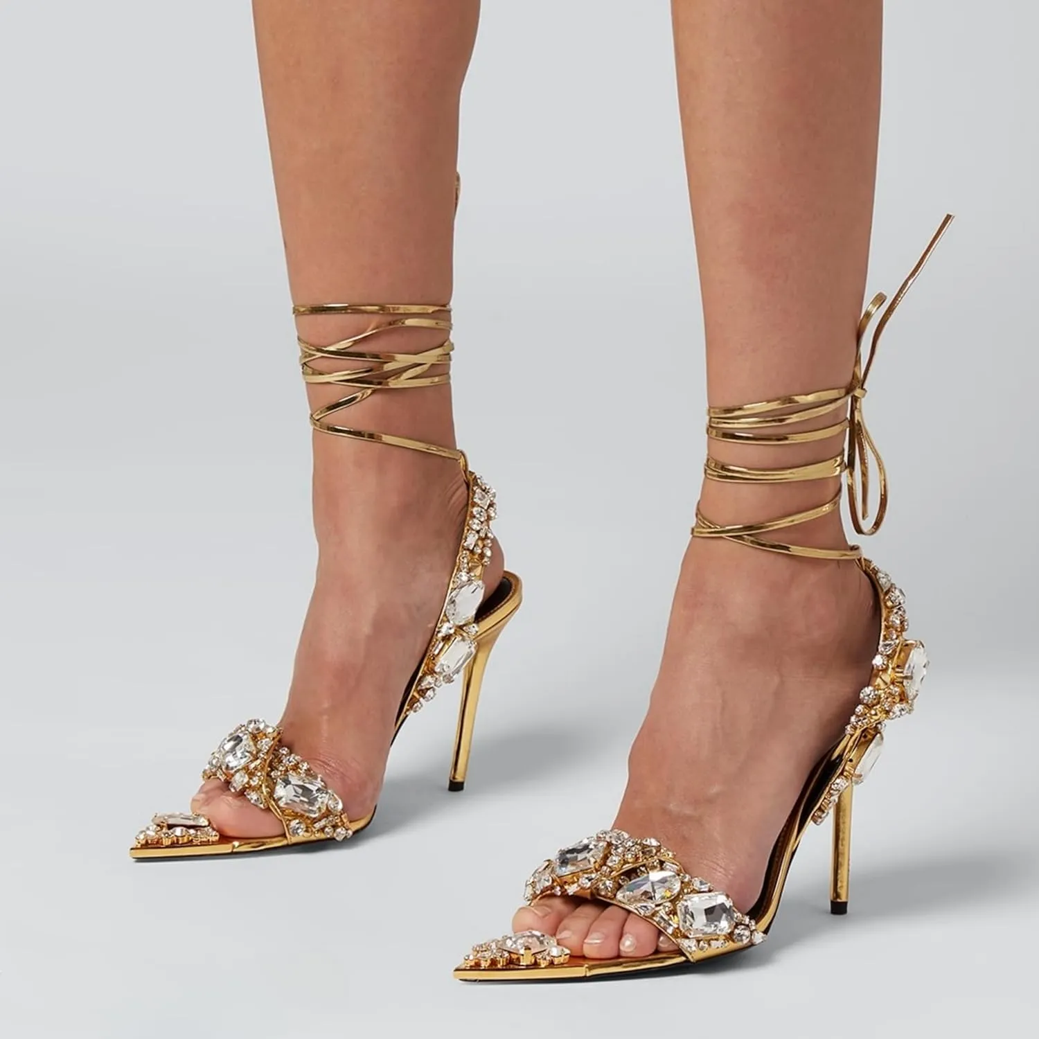 Sparkly Rhinestone Stiletto Heels Sandals for Women, Lace Up Backless Pointed Open Toe Wrap Around Strappy Heeled Sexy Summer Wedding Party Prom Dress Shoes