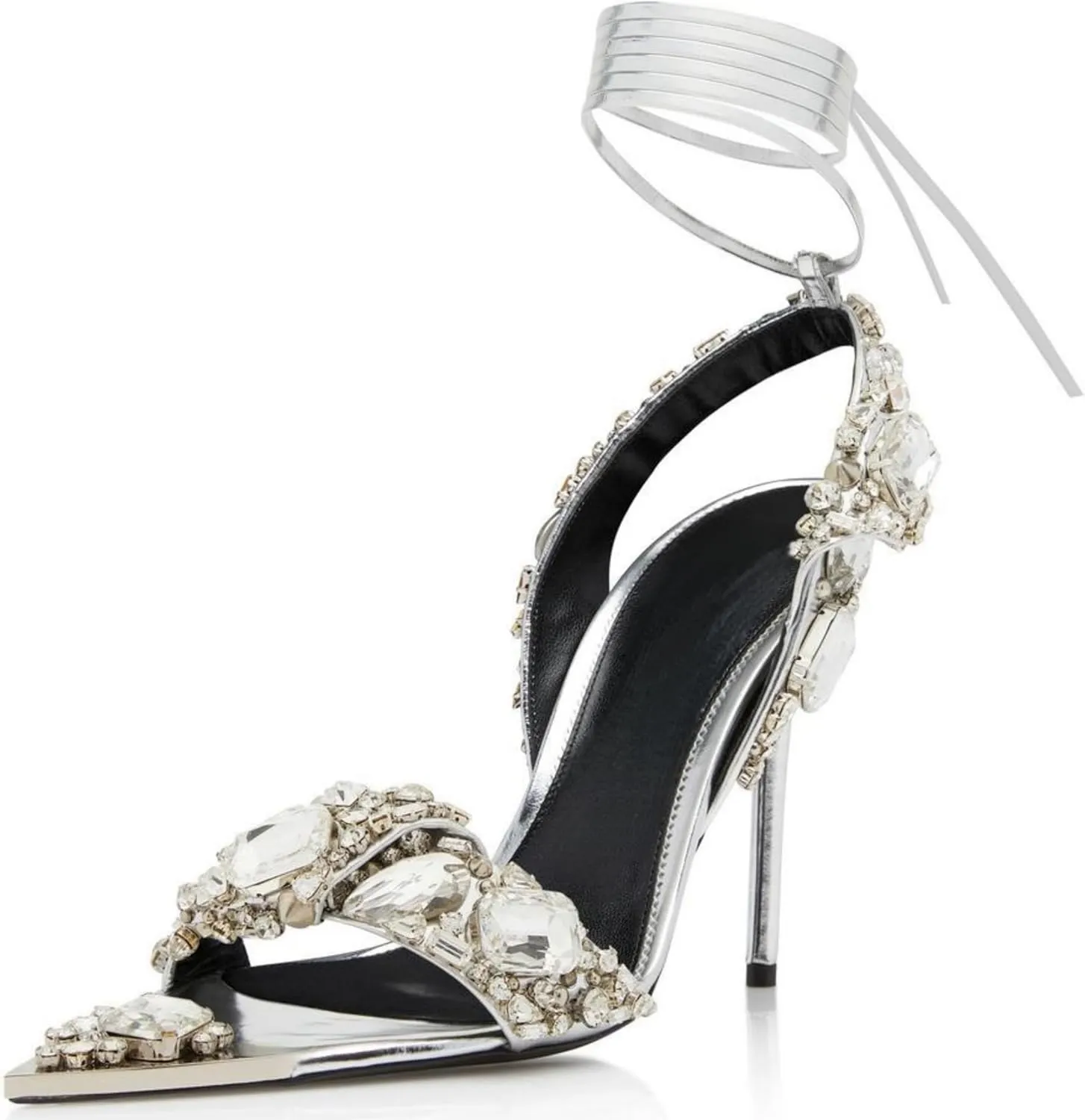Sparkly Rhinestone Stiletto Heels Sandals for Women, Lace Up Backless Pointed Open Toe Wrap Around Strappy Heeled Sexy Summer Wedding Party Prom Dress Shoes