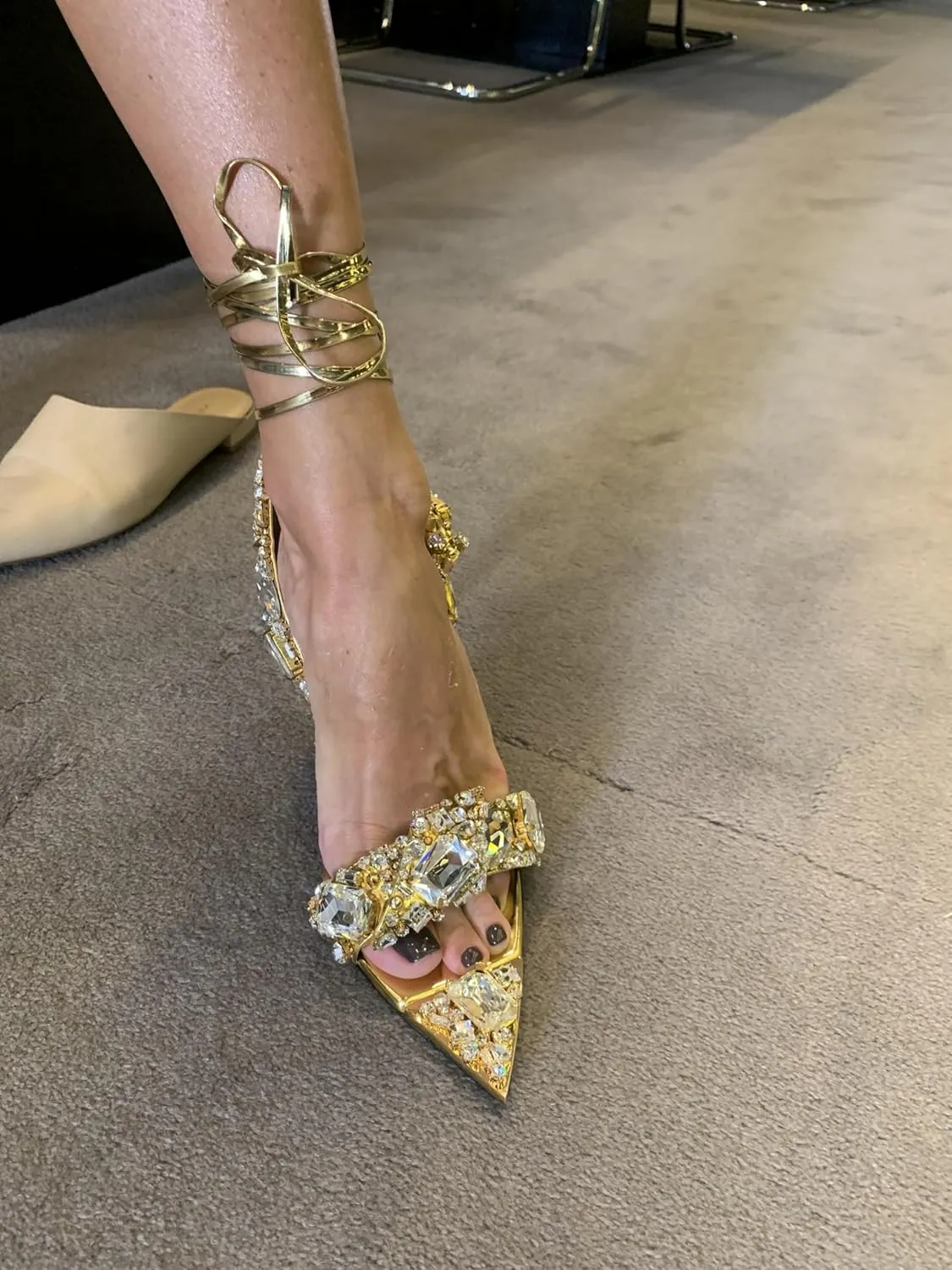 Sparkly Rhinestone Stiletto Heels Sandals for Women, Lace Up Backless Pointed Open Toe Wrap Around Strappy Heeled Sexy Summer Wedding Party Prom Dress Shoes