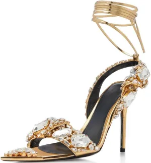 Sparkly Rhinestone Stiletto Heels Sandals for Women, Lace Up Backless Pointed Open Toe Wrap Around Strappy Heeled Sexy Summer Wedding Party Prom Dress Shoes