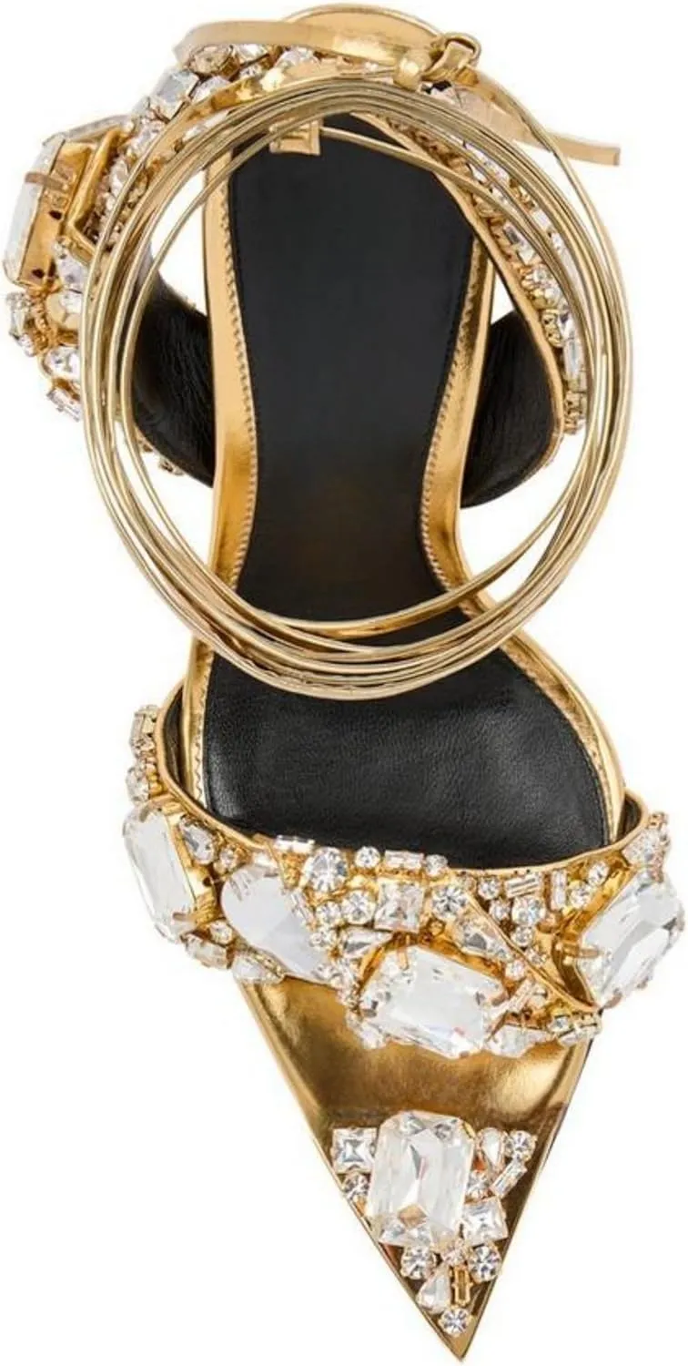 Sparkly Rhinestone Stiletto Heels Sandals for Women, Lace Up Backless Pointed Open Toe Wrap Around Strappy Heeled Sexy Summer Wedding Party Prom Dress Shoes