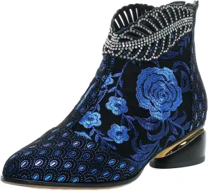Sparkly Rhinestones Ankle Boots for Women Chunky Heel Vintage Pointed Toe Flower Embroidery Hollow Slip on Mid Heel Booties Retro Casual Ladies Shoes